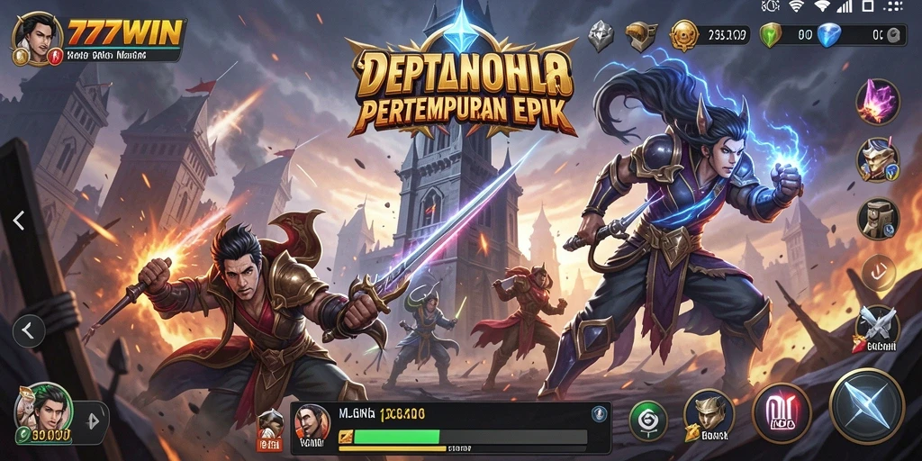 Screenshot utama 777WIN menunjukkan aksi menara bertahan yang intens.