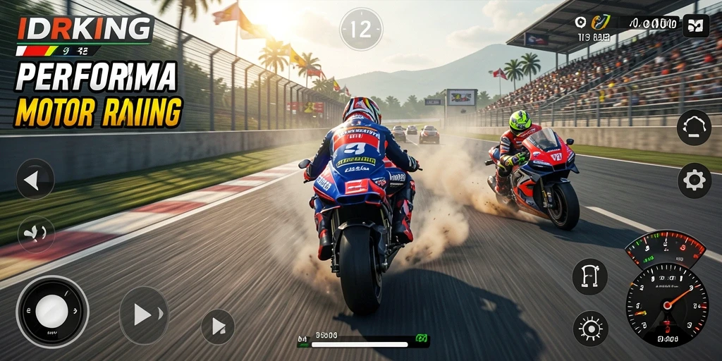 Screenshot menunjukkan aksi balap seru di lintasan motor.