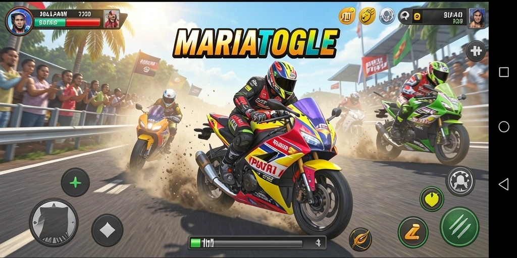 Screenshot MARIATOGEL menampilkan aksi balapan motor yang mendebarkan.