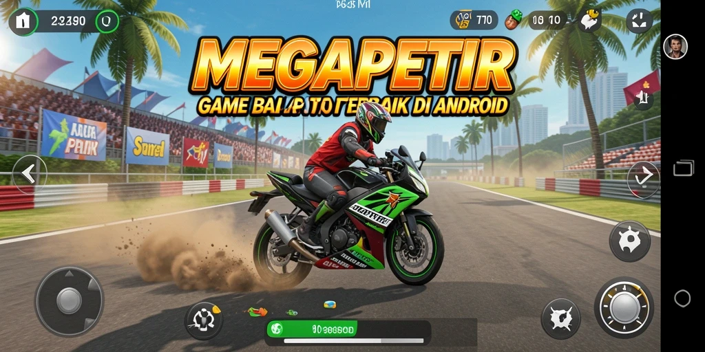 Screenshot gameplay MEGAPETIR menampilkan aksi balapan motor yang mendebarkan.
