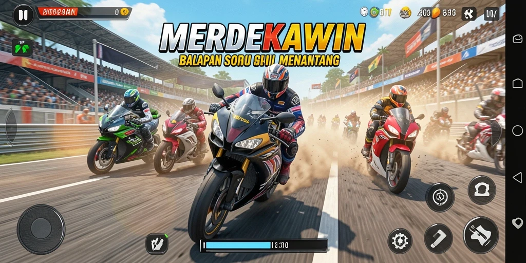Screenshot gameplay MERDEKAWIN menampilkan aksi balapan motor yang seru.
