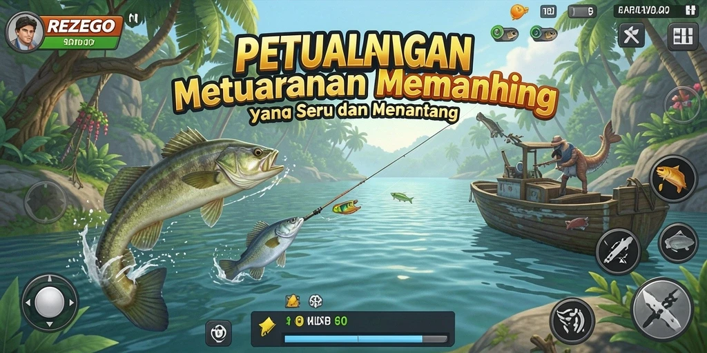 Tampilan gameplay <strong>REZEGO</strong> dengan aksi memancing yang seru.