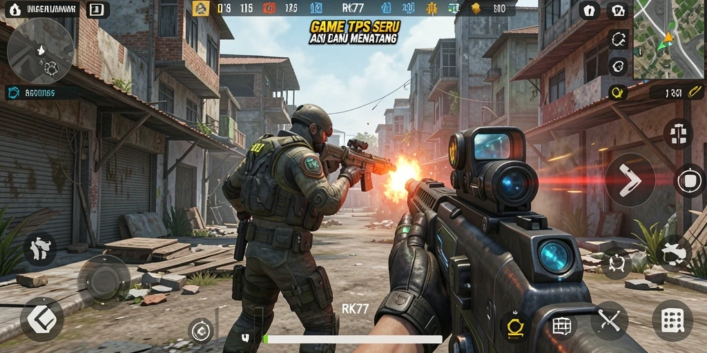 Tampilan utama RK77 menampilkan aksi seru dalam gameplay TPS yang mendebarkan.