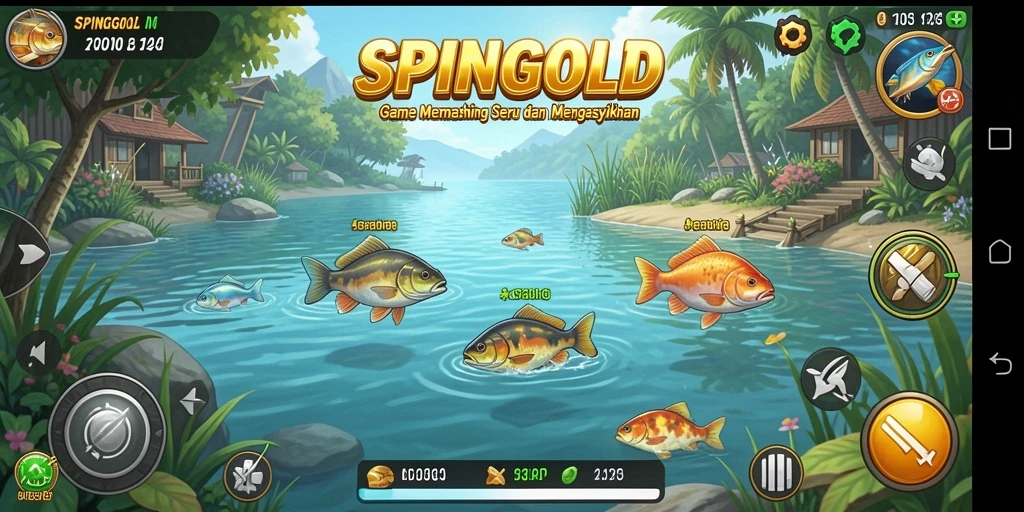 Screenshot gameplay SPINGOLD yang menunjukkan momen menangkap ikan.